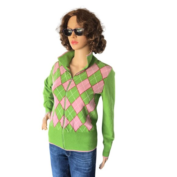 Vintage y2k Argyle Sweater Green Pink Wool Made In Italy Preppy Juniors Large - Picture 2 of 9
